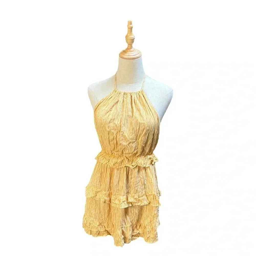 Lulus Downright Darling Mustard Yellow Ruffled Halter Mini Dress Size S